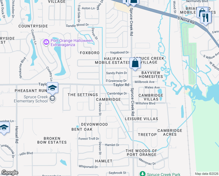 map of restaurants, bars, coffee shops, grocery stores, and more near 213 Cambridge Drive in Port Orange