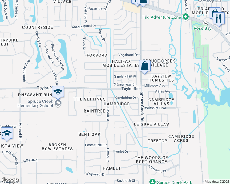 map of restaurants, bars, coffee shops, grocery stores, and more near 213 Cambridge Drive in Port Orange