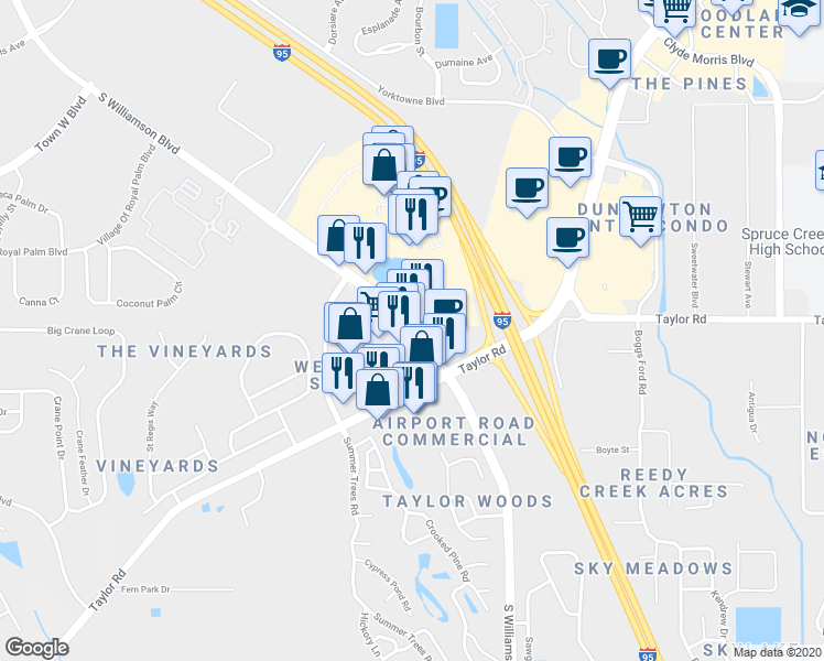 map of restaurants, bars, coffee shops, grocery stores, and more near 5543 South Williamson Boulevard in Port Orange