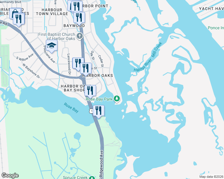 map of restaurants, bars, coffee shops, grocery stores, and more near 5964 Riverside Drive in Port Orange