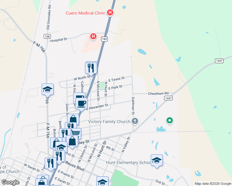 map of restaurants, bars, coffee shops, grocery stores, and more near 507 East Lacy Street in Cuero