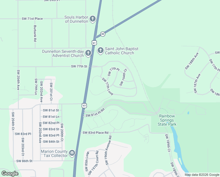 map of restaurants, bars, coffee shops, grocery stores, and more near 19692 Southwest 77th Loop in Dunnellon