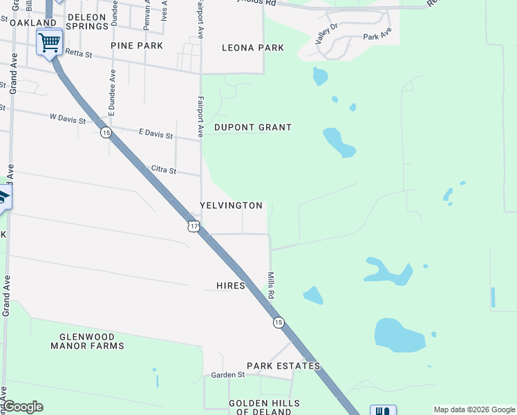 map of restaurants, bars, coffee shops, grocery stores, and more near 177 Mills Road in DeLand