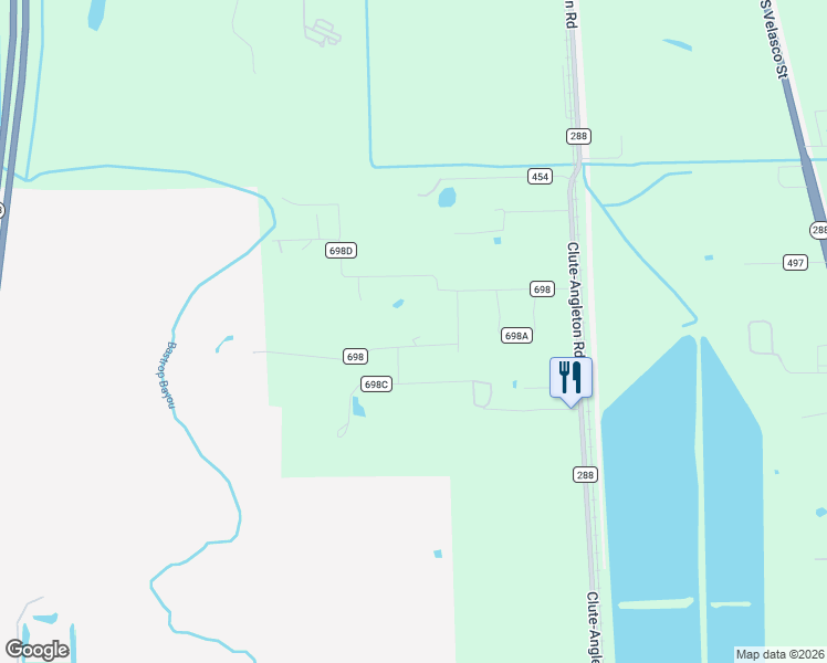 map of restaurants, bars, coffee shops, grocery stores, and more near 653 County Road 698 in Angleton