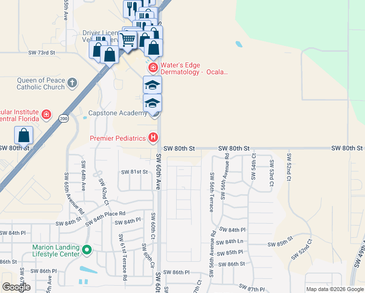 map of restaurants, bars, coffee shops, grocery stores, and more near 5925 Southwest 80th Street in Ocala
