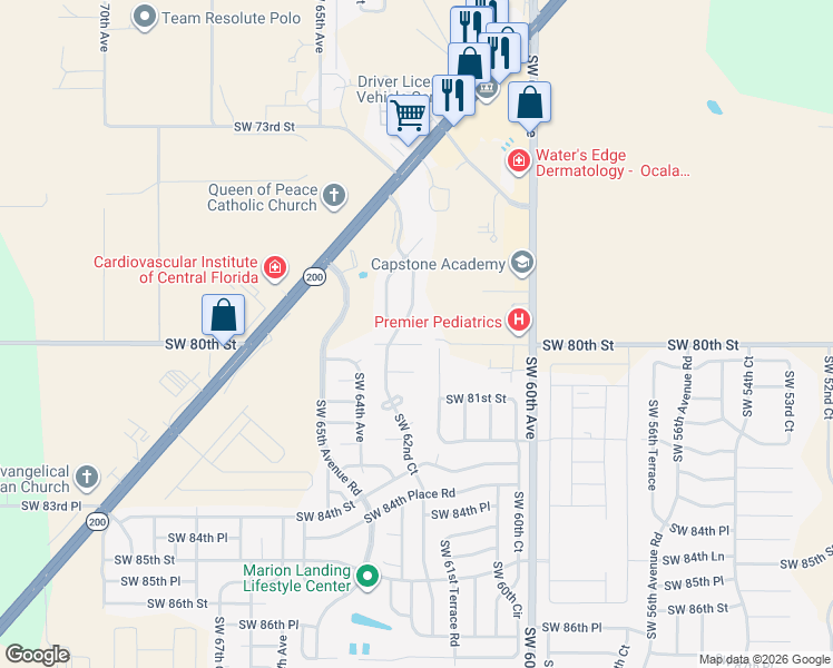map of restaurants, bars, coffee shops, grocery stores, and more near 7899 Southwest 62nd Court in Ocala