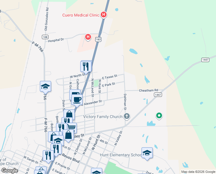 map of restaurants, bars, coffee shops, grocery stores, and more near 404 East Park Street in Cuero