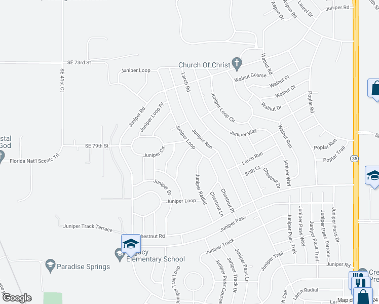 map of restaurants, bars, coffee shops, grocery stores, and more near 4 Juniper Loop Drive in Ocala