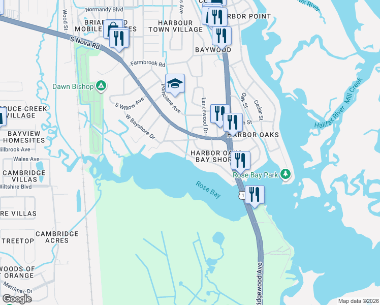 map of restaurants, bars, coffee shops, grocery stores, and more near 5505 Magnolia Avenue in Port Orange