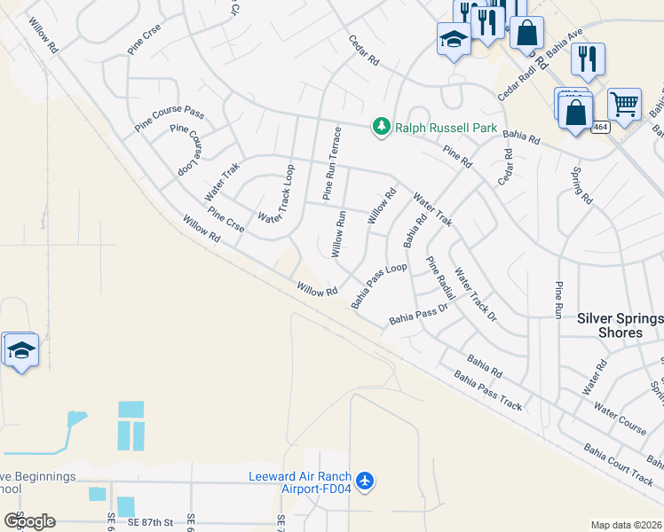 map of restaurants, bars, coffee shops, grocery stores, and more near 7 Willow Run Drive in Ocala