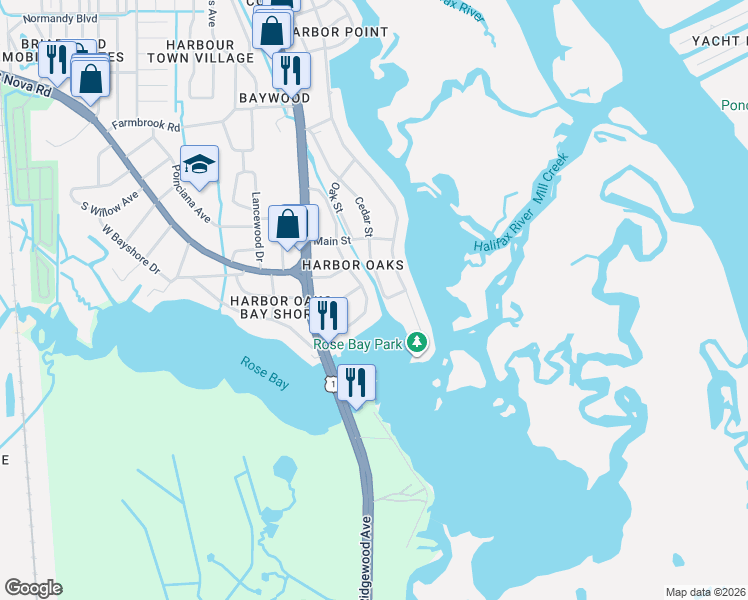 map of restaurants, bars, coffee shops, grocery stores, and more near 6 Cedar Street in Port Orange