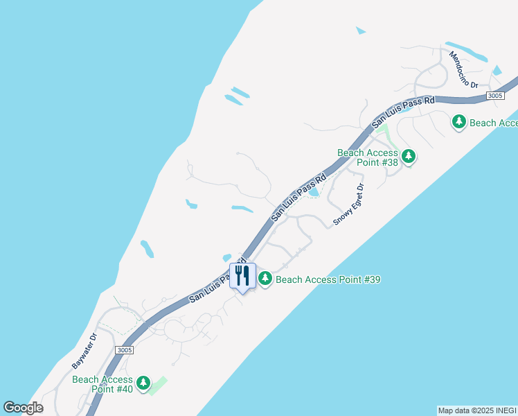 map of restaurants, bars, coffee shops, grocery stores, and more near 25911 Bay Breeze Drive in Galveston