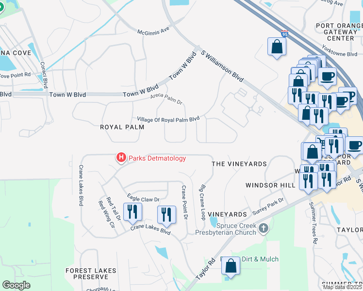 map of restaurants, bars, coffee shops, grocery stores, and more near 5421 Canna Court in Port Orange