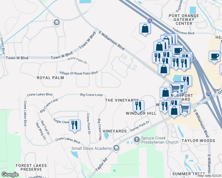 map of restaurants, bars, coffee shops, grocery stores, and more near 1364 Coconut Palm Circle in Port Orange