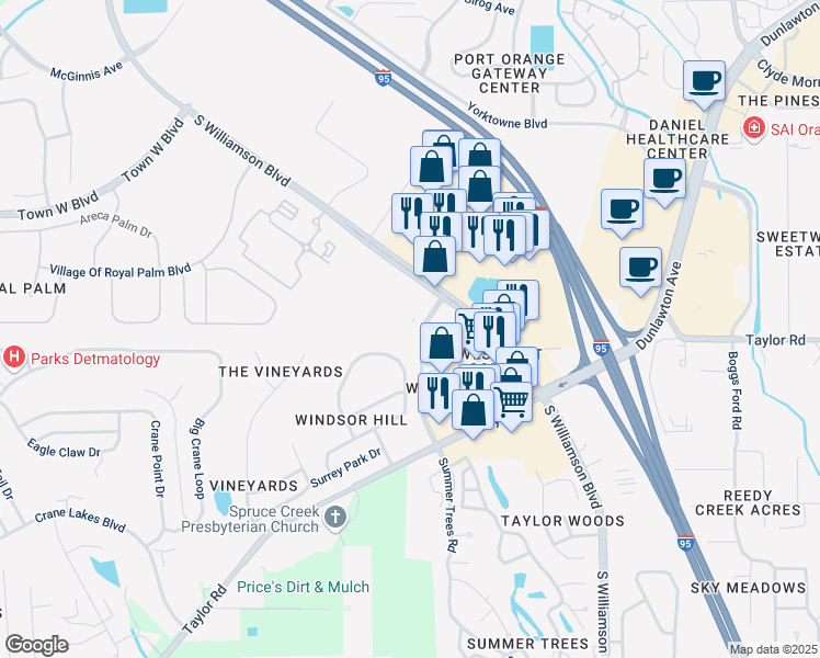 map of restaurants, bars, coffee shops, grocery stores, and more near 5410 South Williamson Boulevard in Port Orange