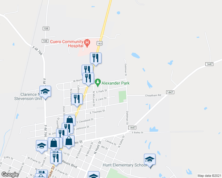 map of restaurants, bars, coffee shops, grocery stores, and more near 404 East Park Street in Cuero