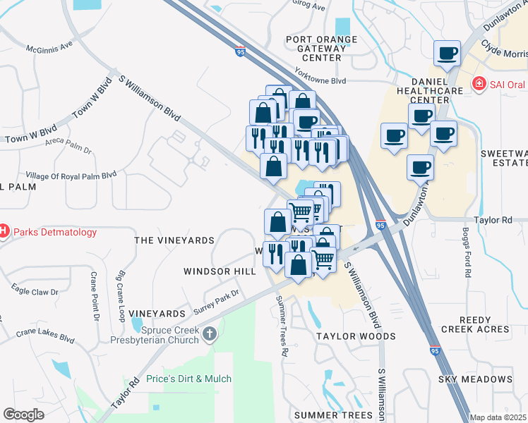 map of restaurants, bars, coffee shops, grocery stores, and more near 5410 Summer Trees Road in Port Orange