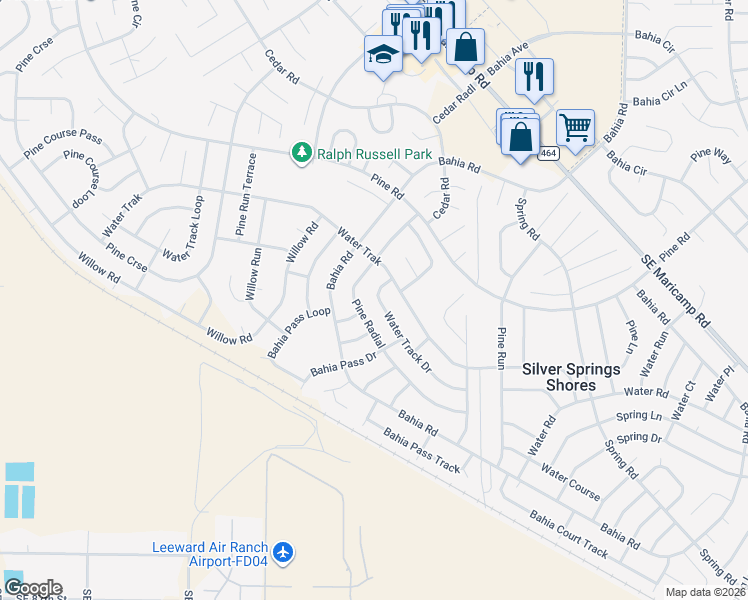 map of restaurants, bars, coffee shops, grocery stores, and more near 10 Water Track Drive in Ocala