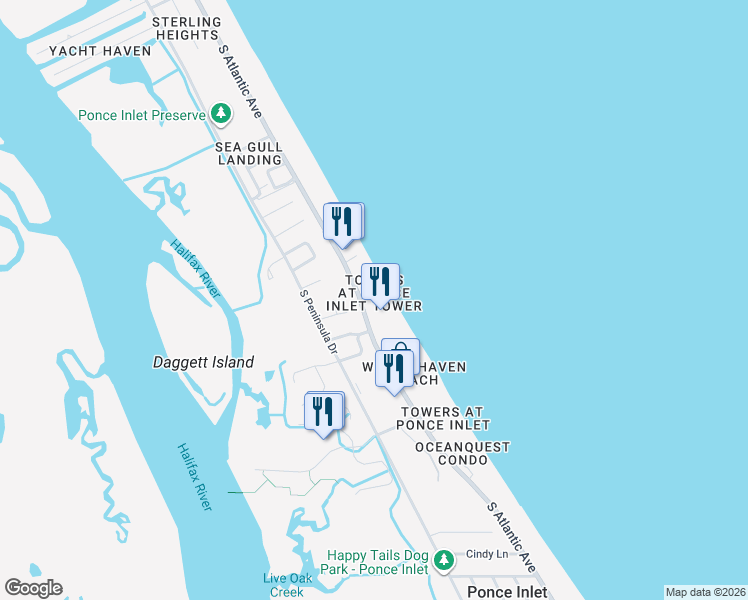 map of restaurants, bars, coffee shops, grocery stores, and more near 4545 South Atlantic Avenue in Ponce Inlet