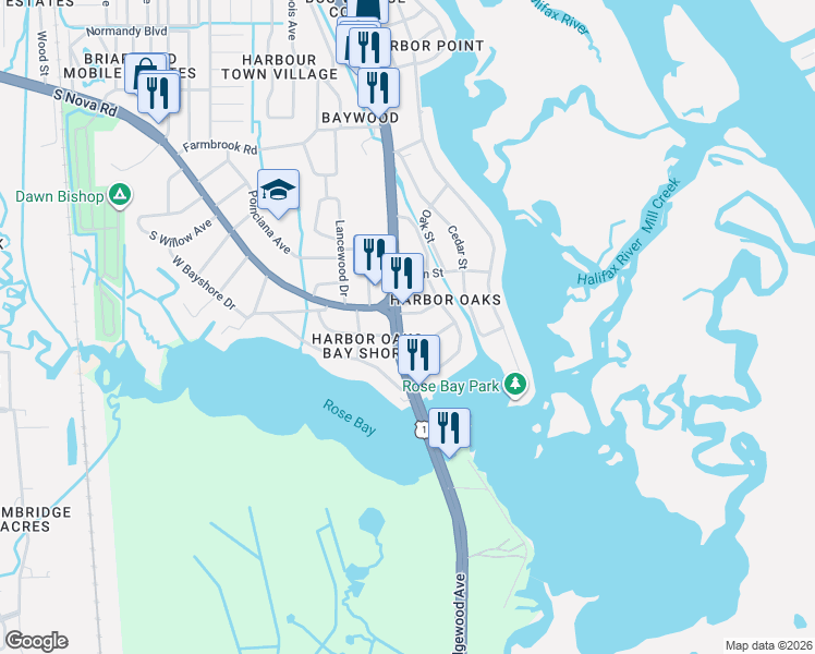 map of restaurants, bars, coffee shops, grocery stores, and more near in Port Orange