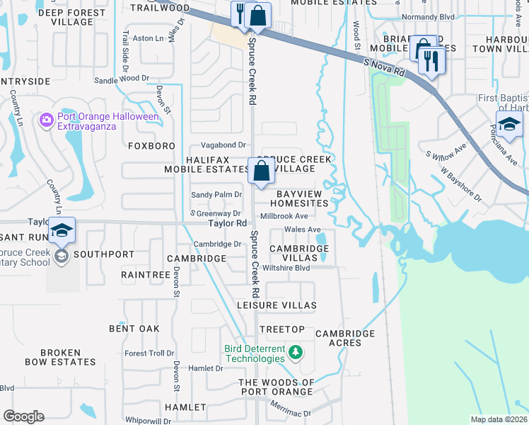 map of restaurants, bars, coffee shops, grocery stores, and more near 1153 Millbrook Avenue in Port Orange