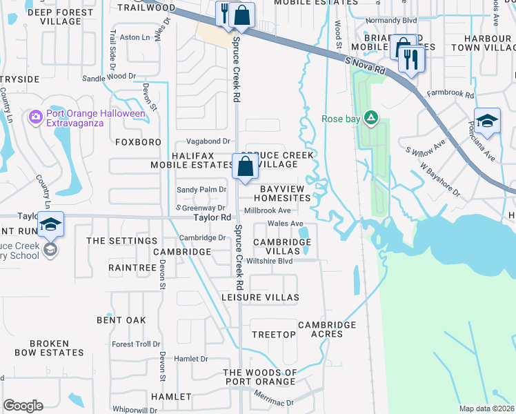 map of restaurants, bars, coffee shops, grocery stores, and more near 1141 Millbrook Avenue in Port Orange