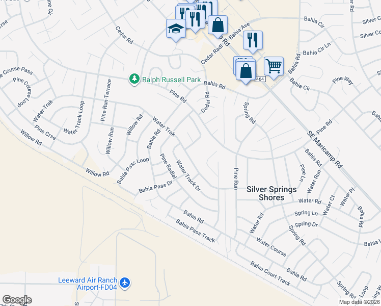 map of restaurants, bars, coffee shops, grocery stores, and more near 99 Water Track in Ocala