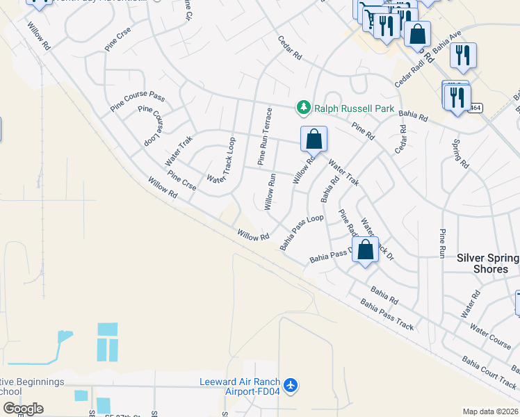 map of restaurants, bars, coffee shops, grocery stores, and more near 7 Willow Run Drive in Ocala