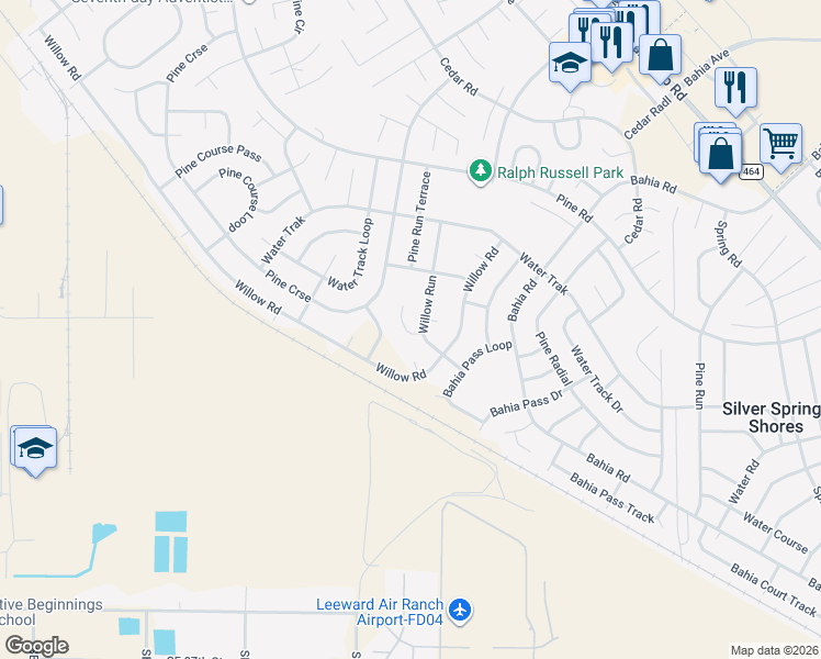map of restaurants, bars, coffee shops, grocery stores, and more near 7 Willow Run Drive in Ocala