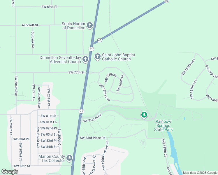 map of restaurants, bars, coffee shops, grocery stores, and more near 19708 Southwest 77th Loop in Dunnellon