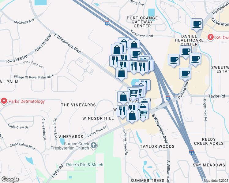map of restaurants, bars, coffee shops, grocery stores, and more near 5410 Summer Trees Road in Port Orange