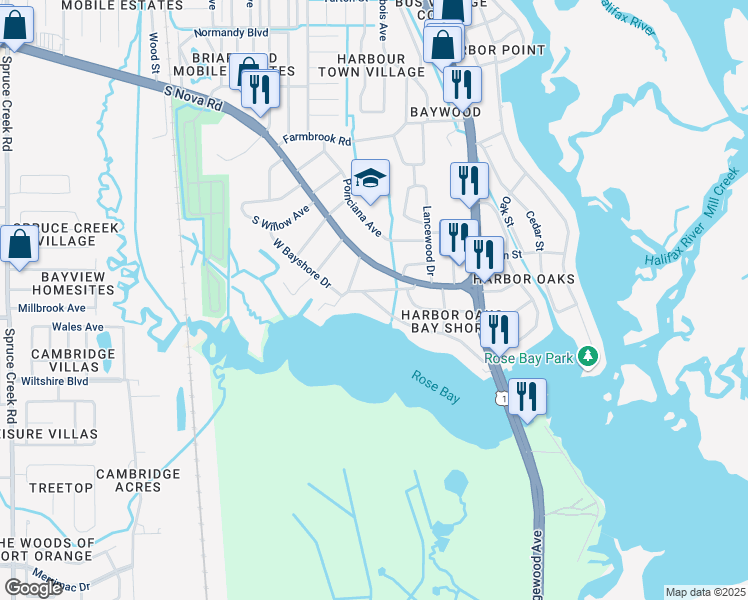 map of restaurants, bars, coffee shops, grocery stores, and more near 5528 West Bayshore Drive in Port Orange
