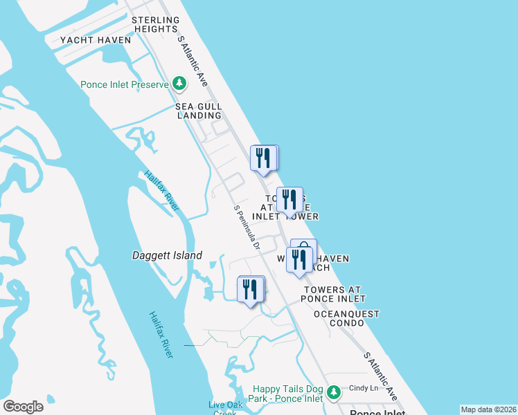 map of restaurants, bars, coffee shops, grocery stores, and more near 5 Daggett Circle in Ponce Inlet