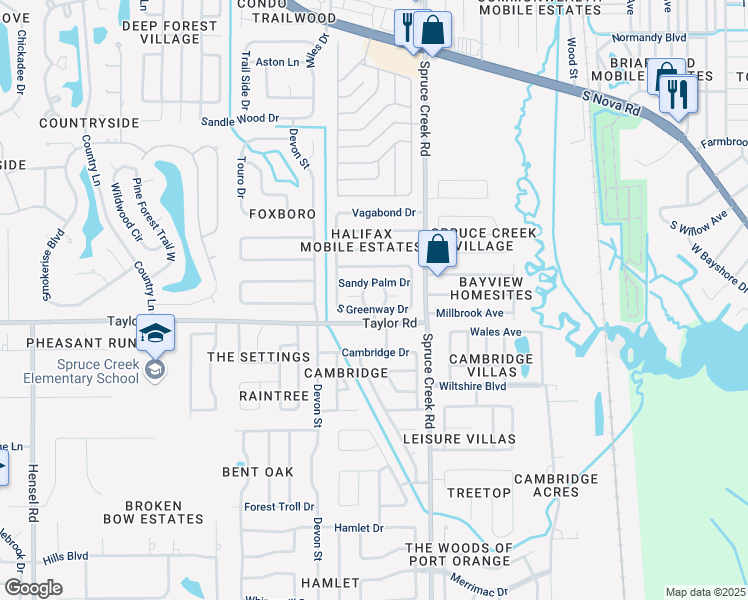 map of restaurants, bars, coffee shops, grocery stores, and more near 601 Azalea Circle in Port Orange