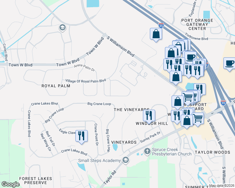 map of restaurants, bars, coffee shops, grocery stores, and more near 1364 Coconut Palm Cir in Port Orange