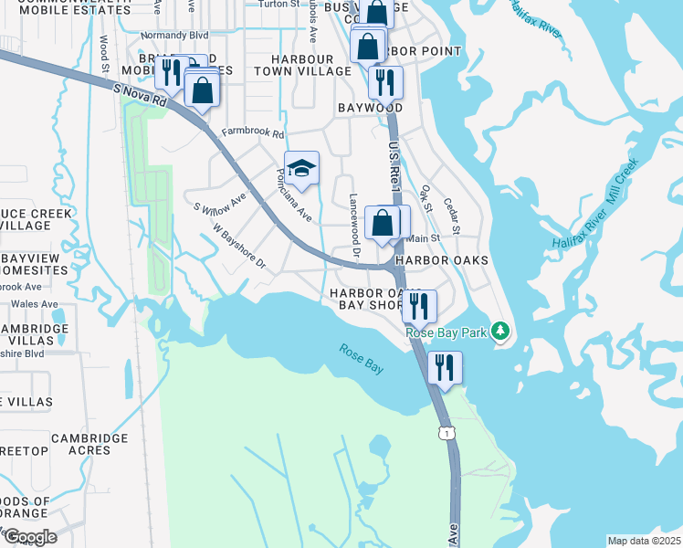 map of restaurants, bars, coffee shops, grocery stores, and more near 5505 Magnolia Avenue in Port Orange
