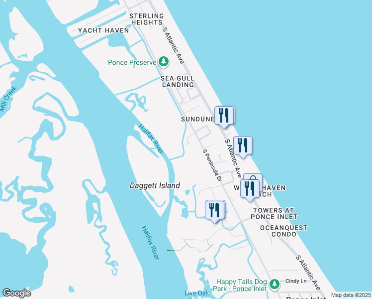 map of restaurants, bars, coffee shops, grocery stores, and more near 14 Marsh Court in Ponce Inlet