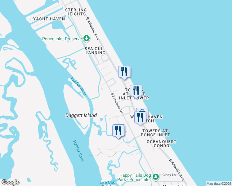 map of restaurants, bars, coffee shops, grocery stores, and more near 5 Daggett Circle in Ponce Inlet
