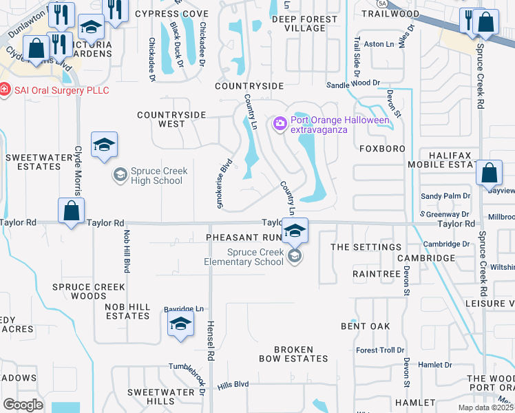 map of restaurants, bars, coffee shops, grocery stores, and more near 991 Smokerise Boulevard in Port Orange