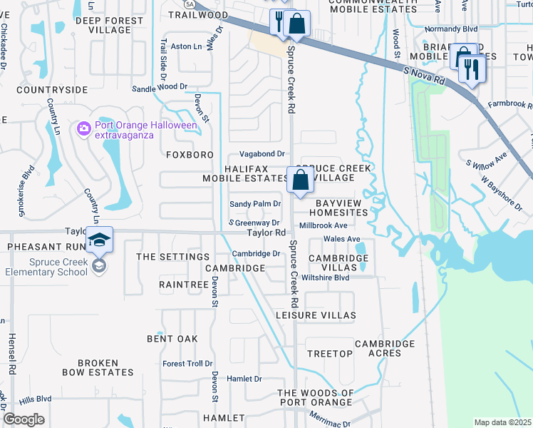 map of restaurants, bars, coffee shops, grocery stores, and more near 601 Azalea Circle in Port Orange