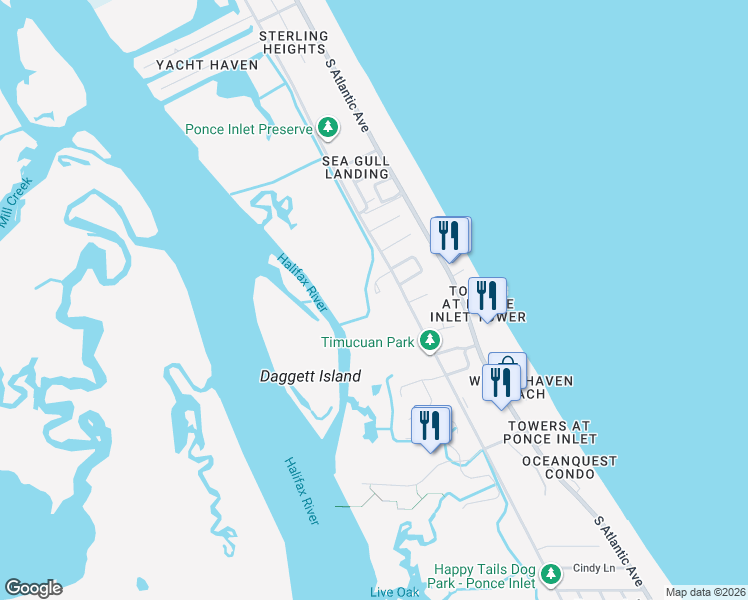 map of restaurants, bars, coffee shops, grocery stores, and more near 14 Marsh Court in Ponce Inlet
