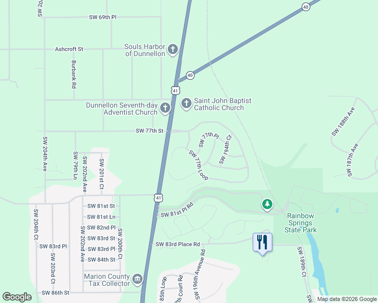 map of restaurants, bars, coffee shops, grocery stores, and more near 19727 Southwest 77th Loop in Dunnellon