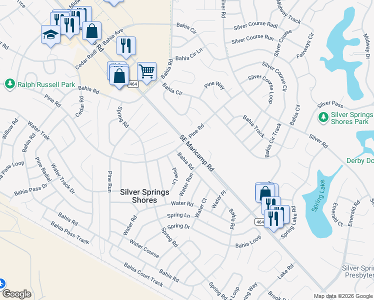 map of restaurants, bars, coffee shops, grocery stores, and more near 9305 Bahia Road in Ocala