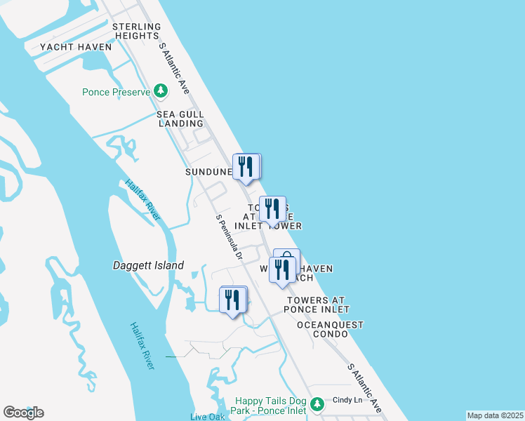 map of restaurants, bars, coffee shops, grocery stores, and more near 4545 South Atlantic Avenue in Ponce Inlet