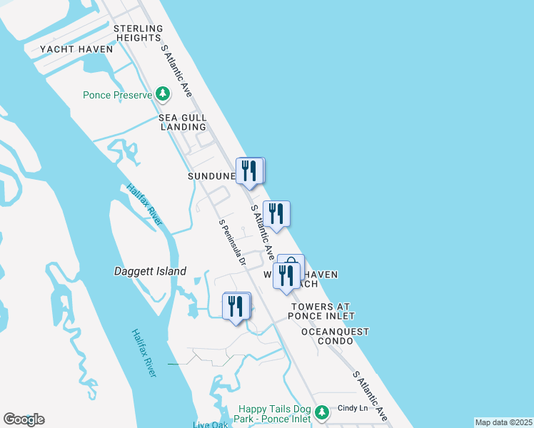 map of restaurants, bars, coffee shops, grocery stores, and more near 4545 South Atlantic Avenue in Ponce Inlet