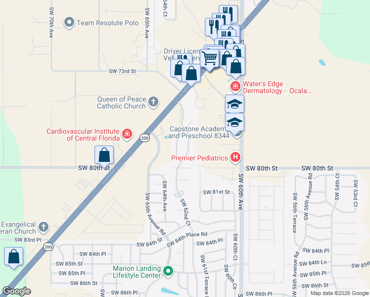 map of restaurants, bars, coffee shops, grocery stores, and more near 7929 Southwest 63rd Avenue Road in Ocala