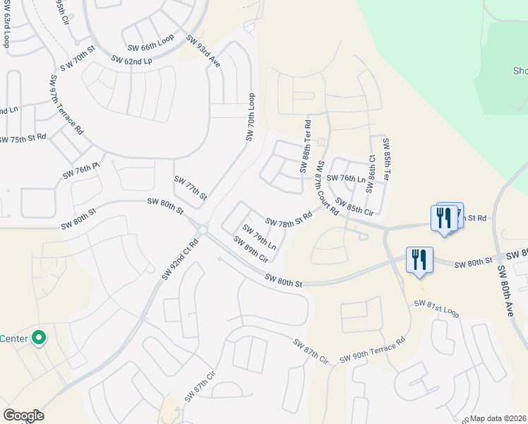 map of restaurants, bars, coffee shops, grocery stores, and more near Southwest 80th Street in Ocala