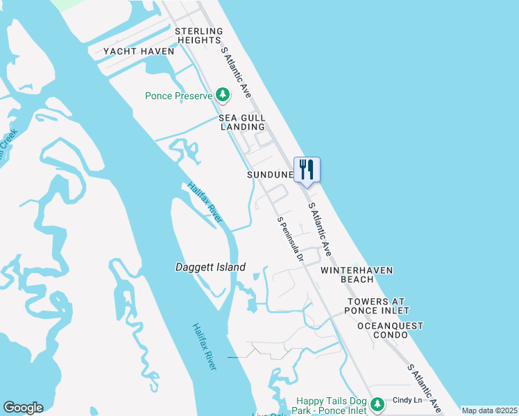map of restaurants, bars, coffee shops, grocery stores, and more near 14 Marsh Court in Ponce Inlet