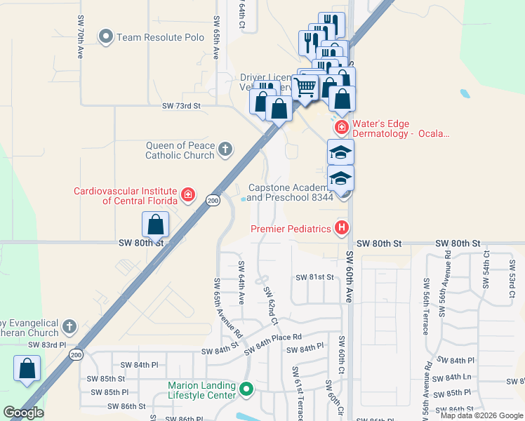 map of restaurants, bars, coffee shops, grocery stores, and more near 7750 Southwest 63rd Avenue Road in Ocala