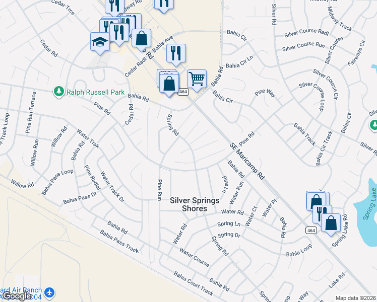 map of restaurants, bars, coffee shops, grocery stores, and more near in Silver Springs Shores